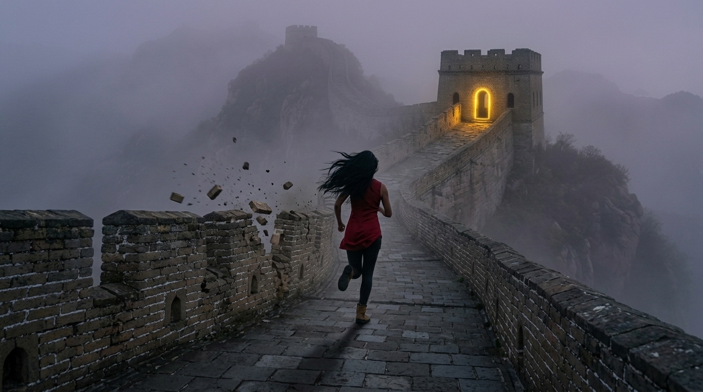 Episode 12 — Chased Awake, Thalia sprints along the Great Wall toward a glowing golden door