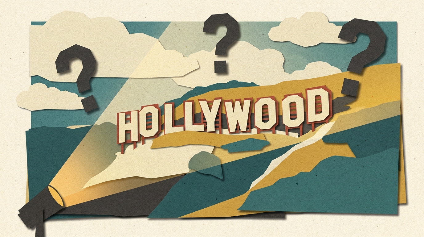 Episode 14 — paper-cut Hollywood sign surrounded by question marks, lit by a spotlight