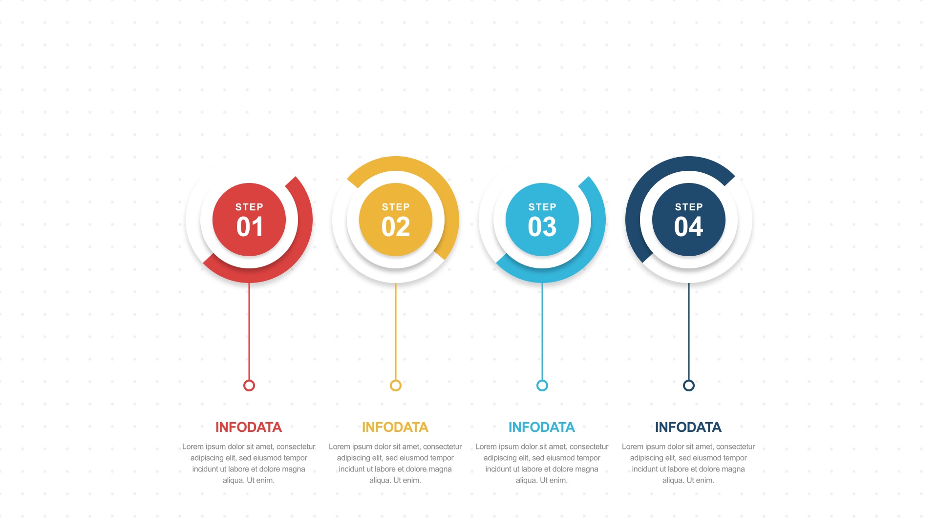 Episode 15 — four colored step badges with arc rings, pin lines and INFODATA headings